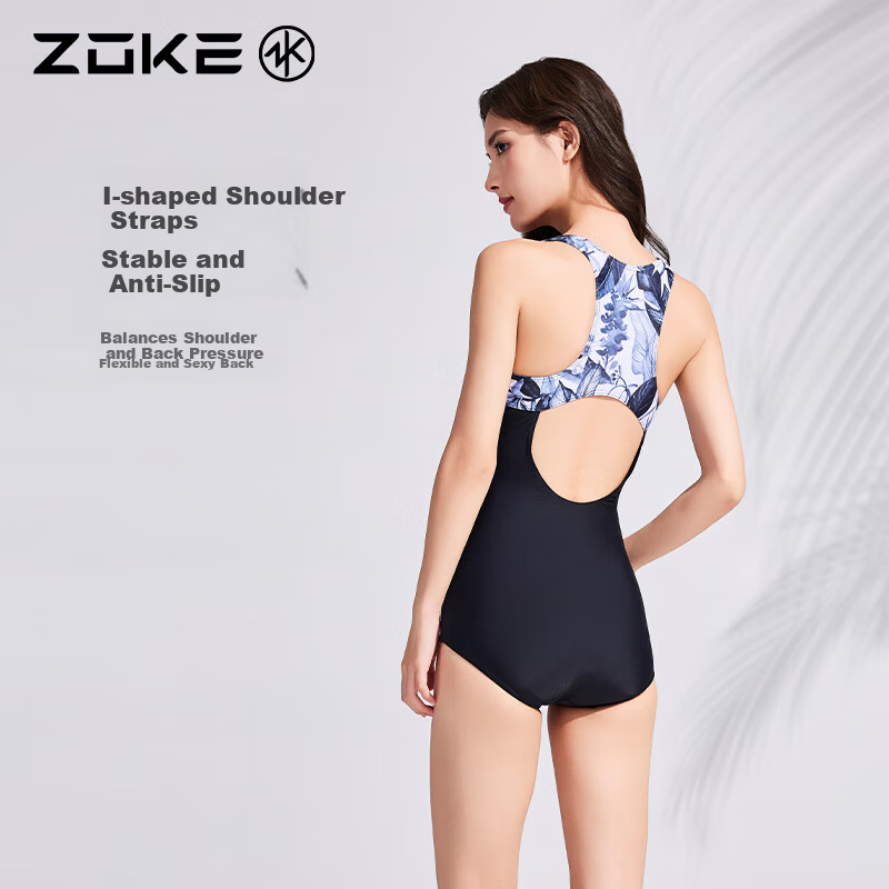 ZOKE Women's One-Piece Triangle Professional Swimming Training Racing Spa Fashion Comfortable 124601130 Black White Gray Floral M