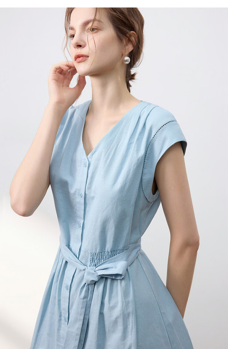 Demana [With Linen Cotton] Summer Commuter Style Lace Splice Cap Sleeve V-Neck Waist Cinched A-Line Mid-Length Dress for Women 16