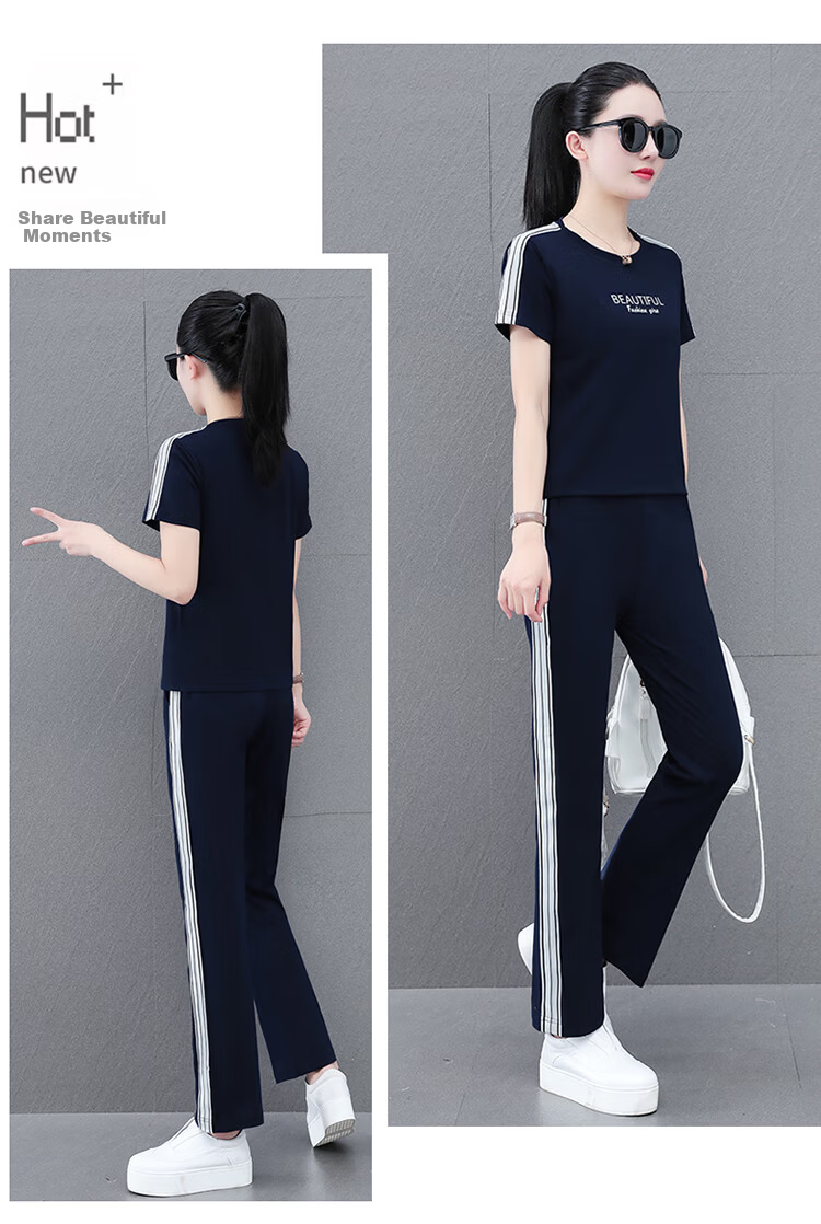 Woodpecker Pure Cotton Women's Summer Sportswear Set Loose Short Sleeve Long Pants Middle-aged Mom Casual Two-piece Suit Royal Blue 4XL 10
