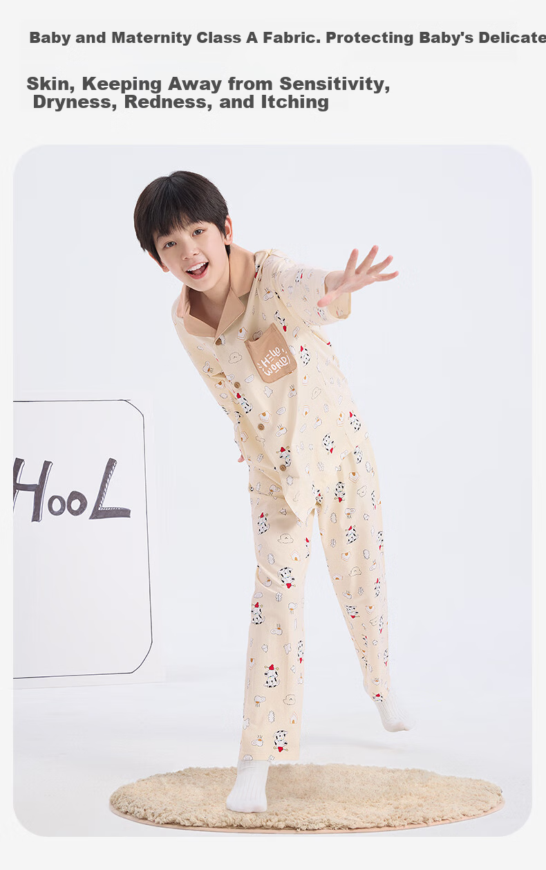 Jiushuibian Cloud Cotton Children's Pajamas Boys and Girls Spring Autumn Class A Long Sleeve Homewear Set Large Kids Cartoon Print Pajamas Pants 6