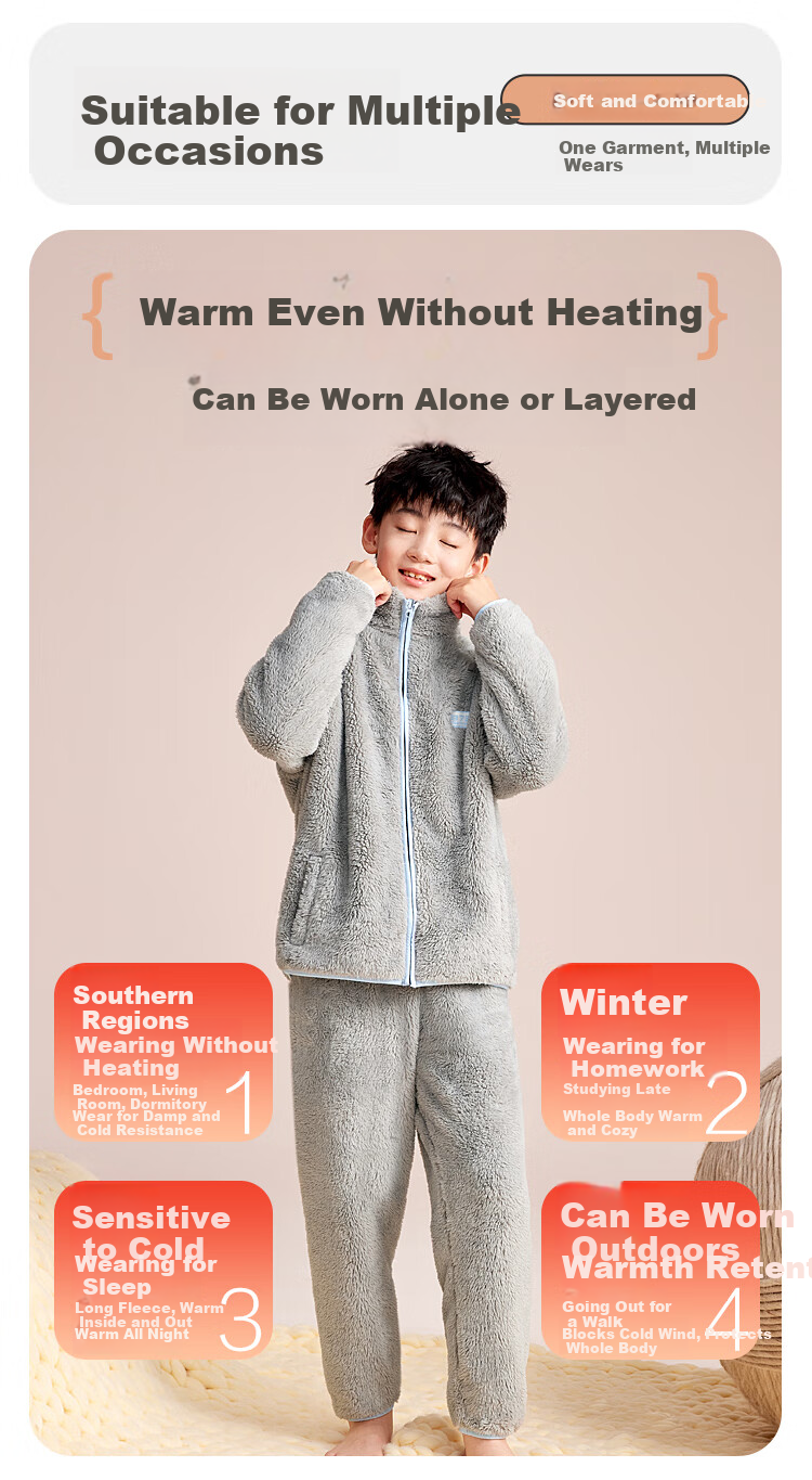 Hodohome Girls' Antibacterial and Anti-Mite Fleece Thickened Far-Infrared Warm Bubble Fleece Stand Collar Pajamas 702 Size 140 5