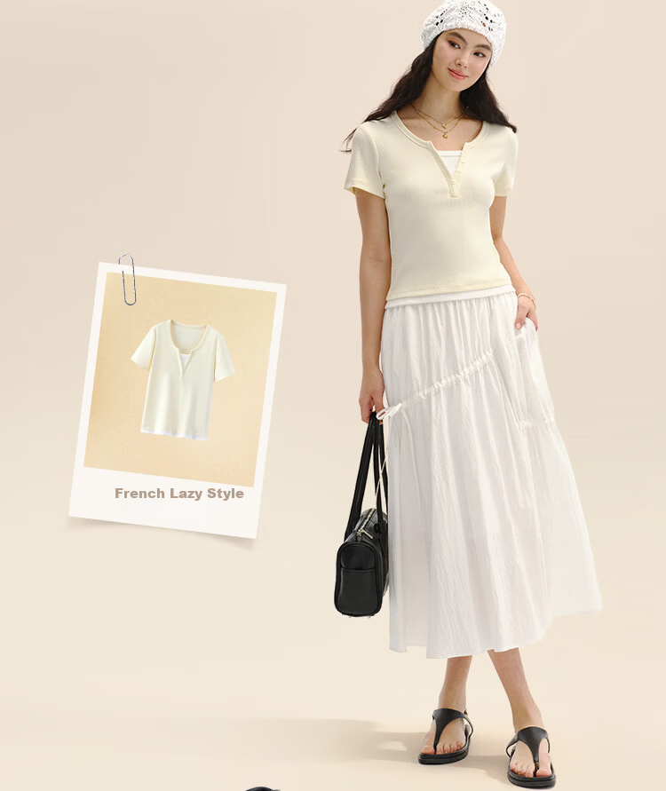 Semir Mall Style | Women's Summer Short Sleeve T-Shirt, Short Colorblock Fake Two-Piece, 2026 Shoulder Top 101326100004 6