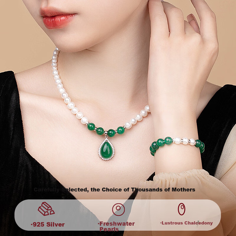 Lao Feng Xiang Pearl Necklace and Bracelet Set with Chalcedony Silver Pendant for Women Elderly Birthday Anniversary Gift for Wife and Mom