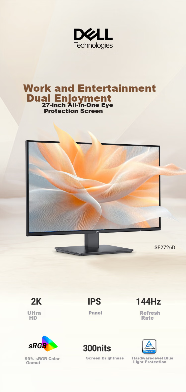 DELL 27-inch 2K 144Hz IPS Hardware Blue Light Filter FreeSync 99% sRGB Office Home Monitor Gaming E-sports Display SE2726D 1