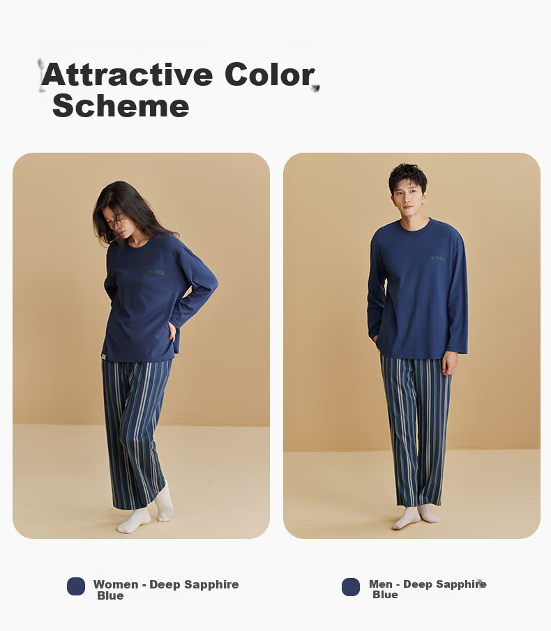 Autumndeer Ultra Soft Pure Cotton Antibacterial Pajamas Women Autumn Long Sleeve Couples Men's Homewear Set Dark Navy Blue Men 2XL 4