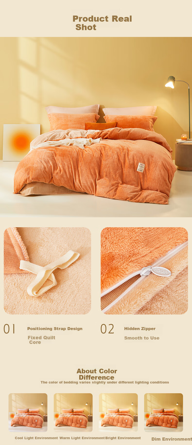 LOVO Luolai Flannel Milk Velvet Bedding Set, Four Pieces, Autumn And Winter Thickened Bed Sheet, Double Duvet Cover 200*230cm, Orange 7