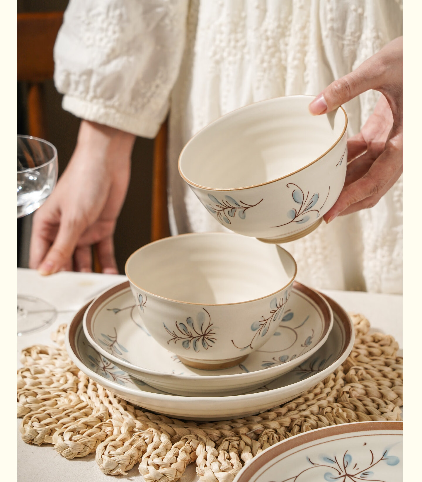 Hechuanwu Bowl and Plate Dinnerware Set 2026 New Japanese Style Hand-Painted Orchid and Grass Underglaze Color Dinnerware Set for Four 8