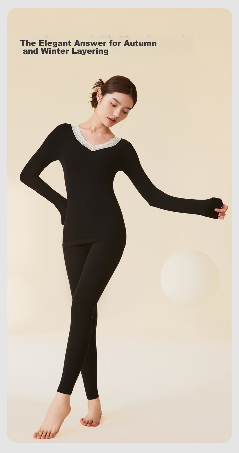 GUJIN Women's Thermal Underwear Set Thin Autumn Top and Bottom with Merino Wool Slim Fit Lace White 4
