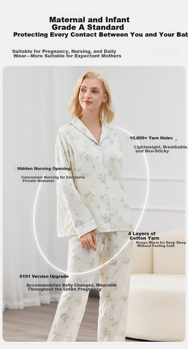 Ying's Maternity Postpartum Set Autumn New 10A Antibacterial Double-Layer Cotton Gauze Nursing Pajamas Homewear Set Pink L 5