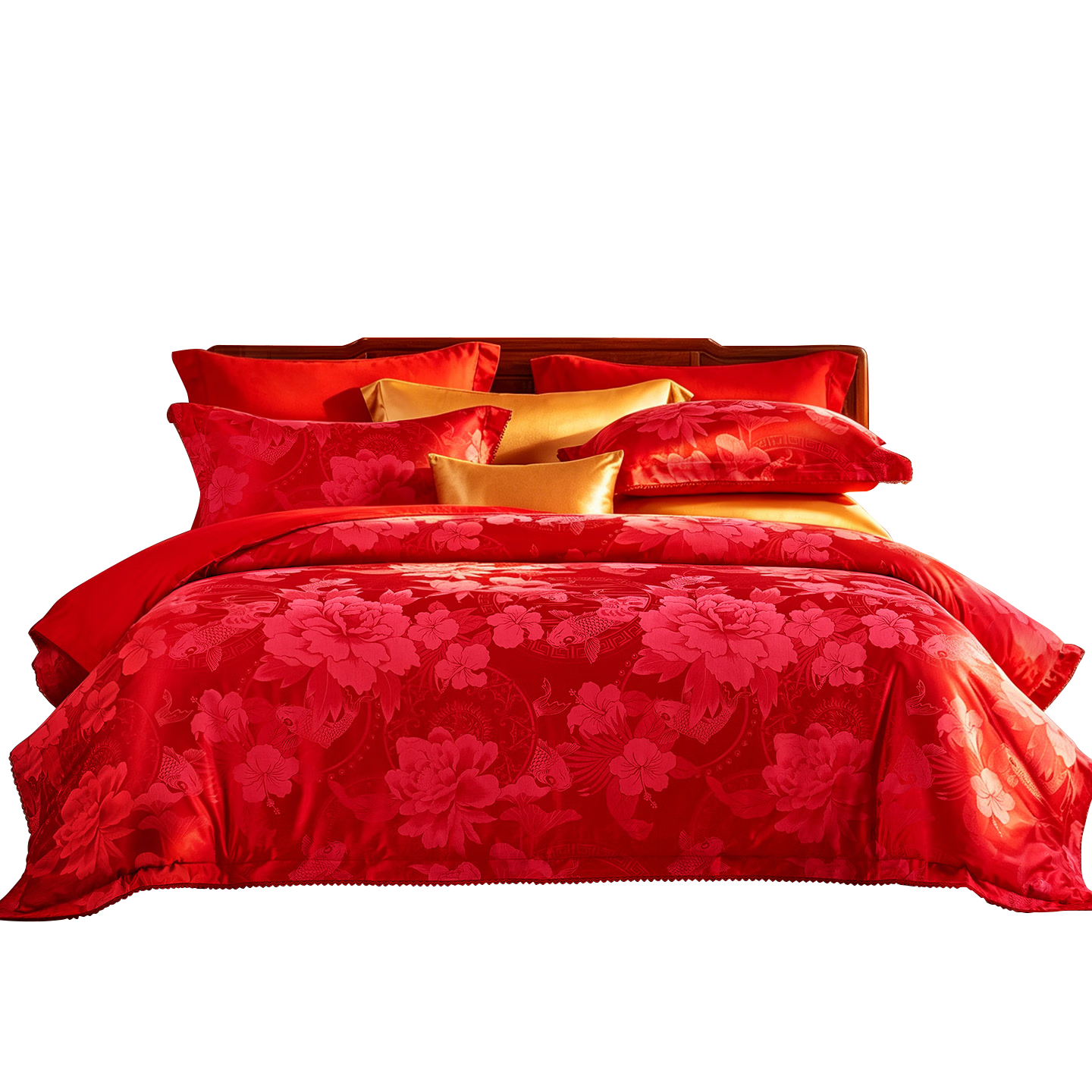 Fuanna Wedding Four-Piece Set Koi Peony Jacquard Chinese Red Wedding Bedding Gift for 1.8m Bed