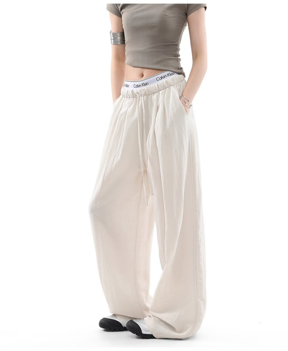 ICH MODE Women's Draped Linen Casual Pants New Loose Straight Wide-Leg Trousers Sports Pants Four Seasons Navy Blue S 22