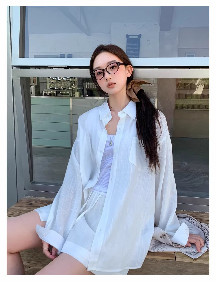 ICH MODE "Bangkok Holiday" Linen Shirt Women Lazy Style Physical Sun Protection Long Sleeve Shirt Linen Color L 34