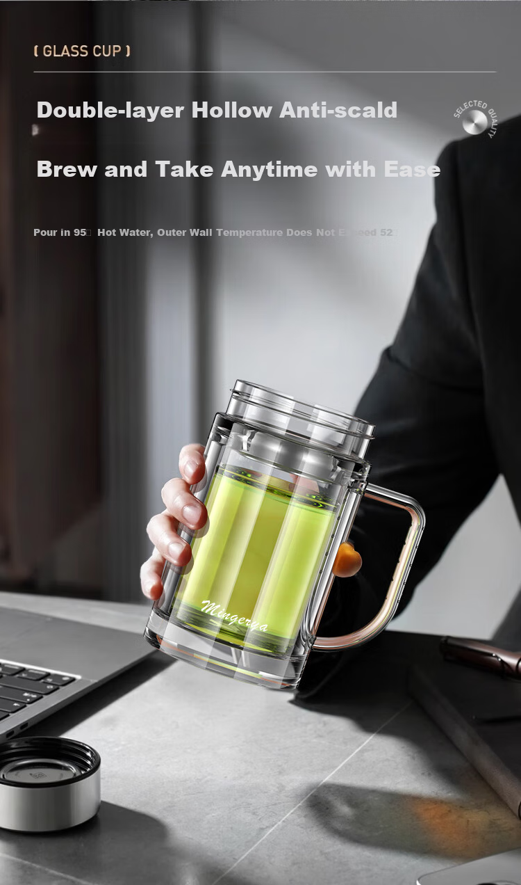 LINGCHEN Double-Layer Glass Tea Cup Large Capacity Tea Infuser Mug with Handle for Business Office Executive Men 7