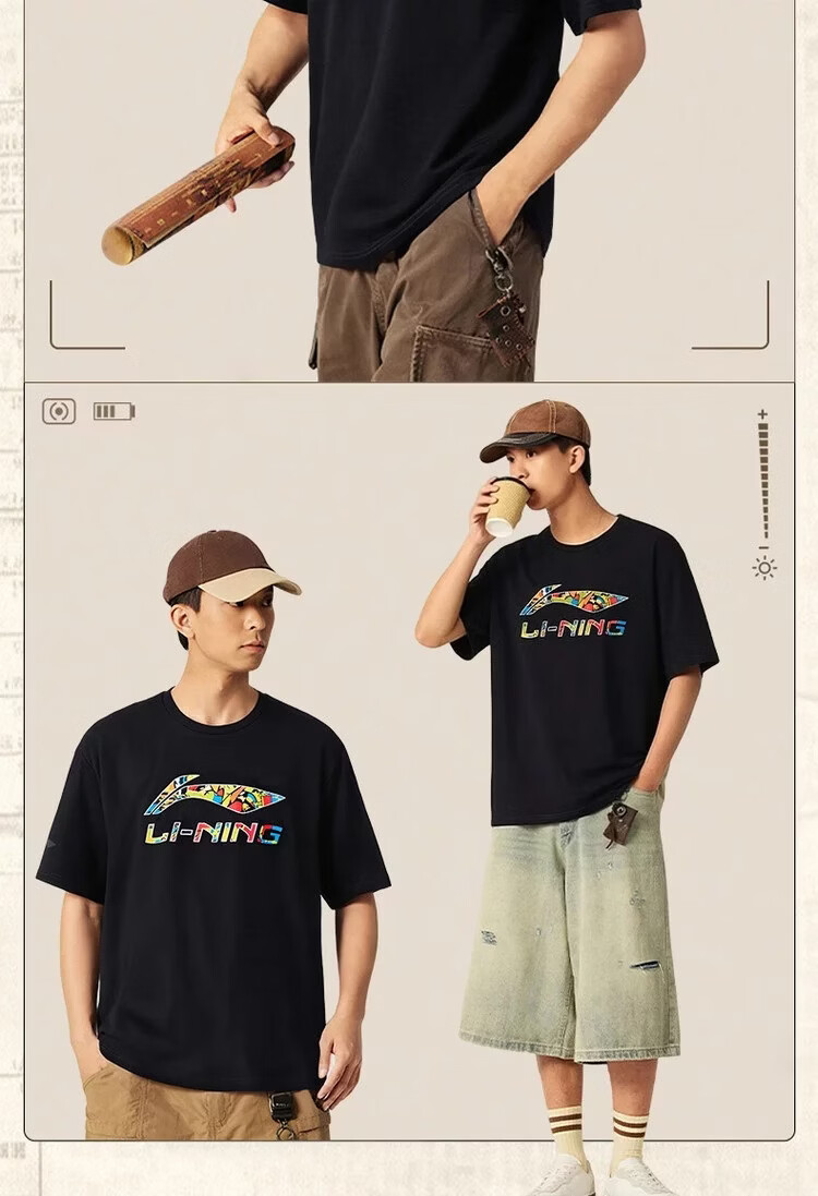 LI-NING Short Sleeve T-Shirt Sports Fitness Breathable Comfortable Versatile Loose Fit Fashionable Crew Neck Classic Casual Logo T-Shirt Couple's Edition 12