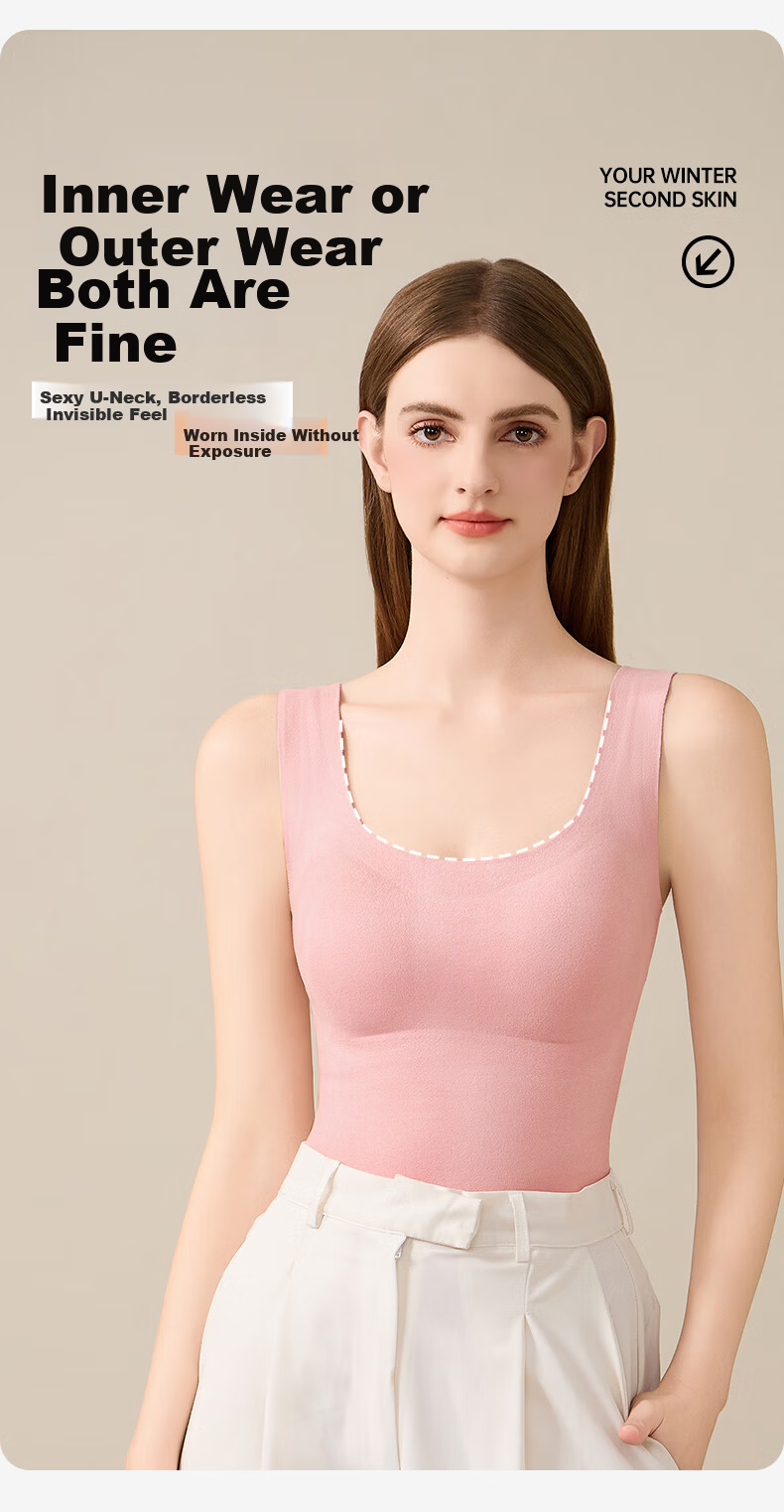 Urban Beauty Women's Thermal Fleece-Lined Thickened Heating Autumn Winter Vest with Built-in Bra U-Neck Base Layer Top 10