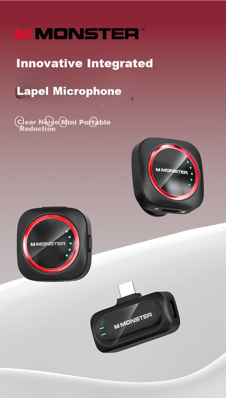 MONSTER Wireless Lavalier Microphone Professional Recording Outdoor Vlog TikTok Short Video Noise-Cancelling Clip-on Mic Portable Wireless Microphone One-to-Two Type-C M1 Black 3