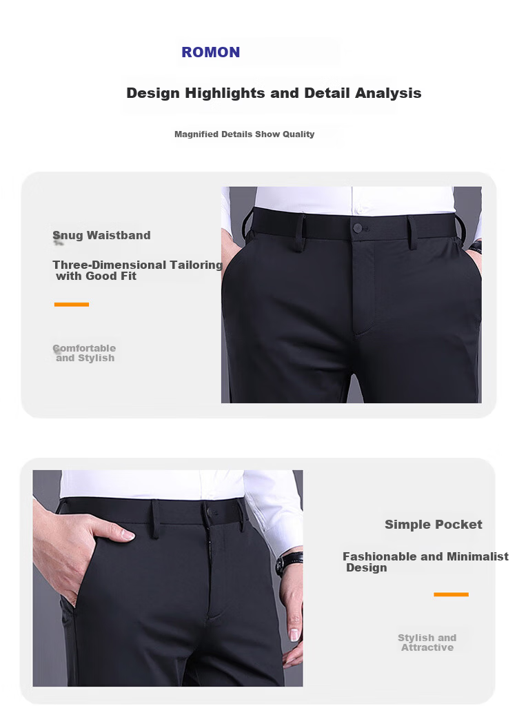 ROMON Men's Casual Pants Spring Summer Business Straight Slim Fit Dress Pants Slightly Stretchy Black 32 3