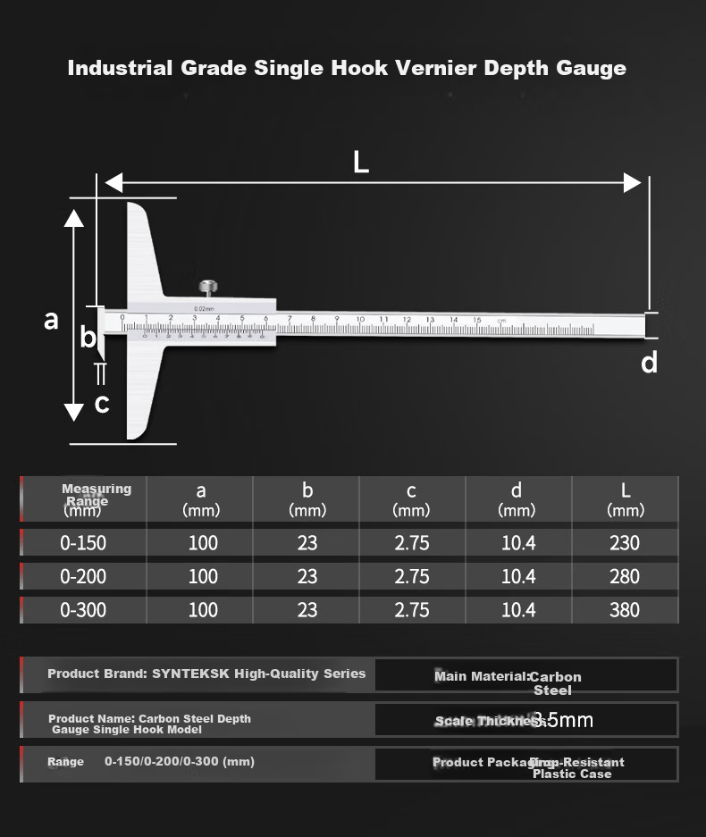 SYNTEK Integrated Depth Gauge High-Precision Industrial Vernier Height and Depth Caliper 150mm 11