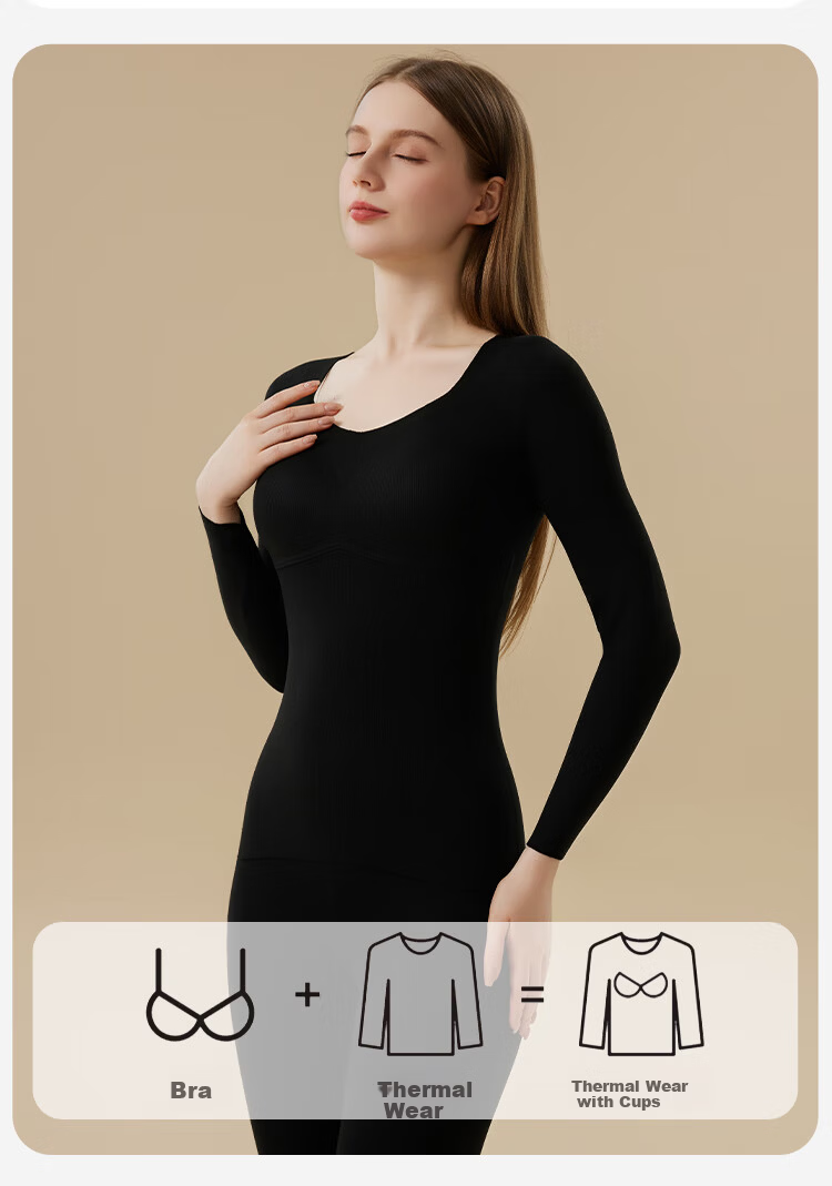 MiiOW Women's Thermal Underwear Set with Chest Pad, Fleece-Lined, Thickened, Seamless Black Autumn Top and Bottom, Size 2XL 10