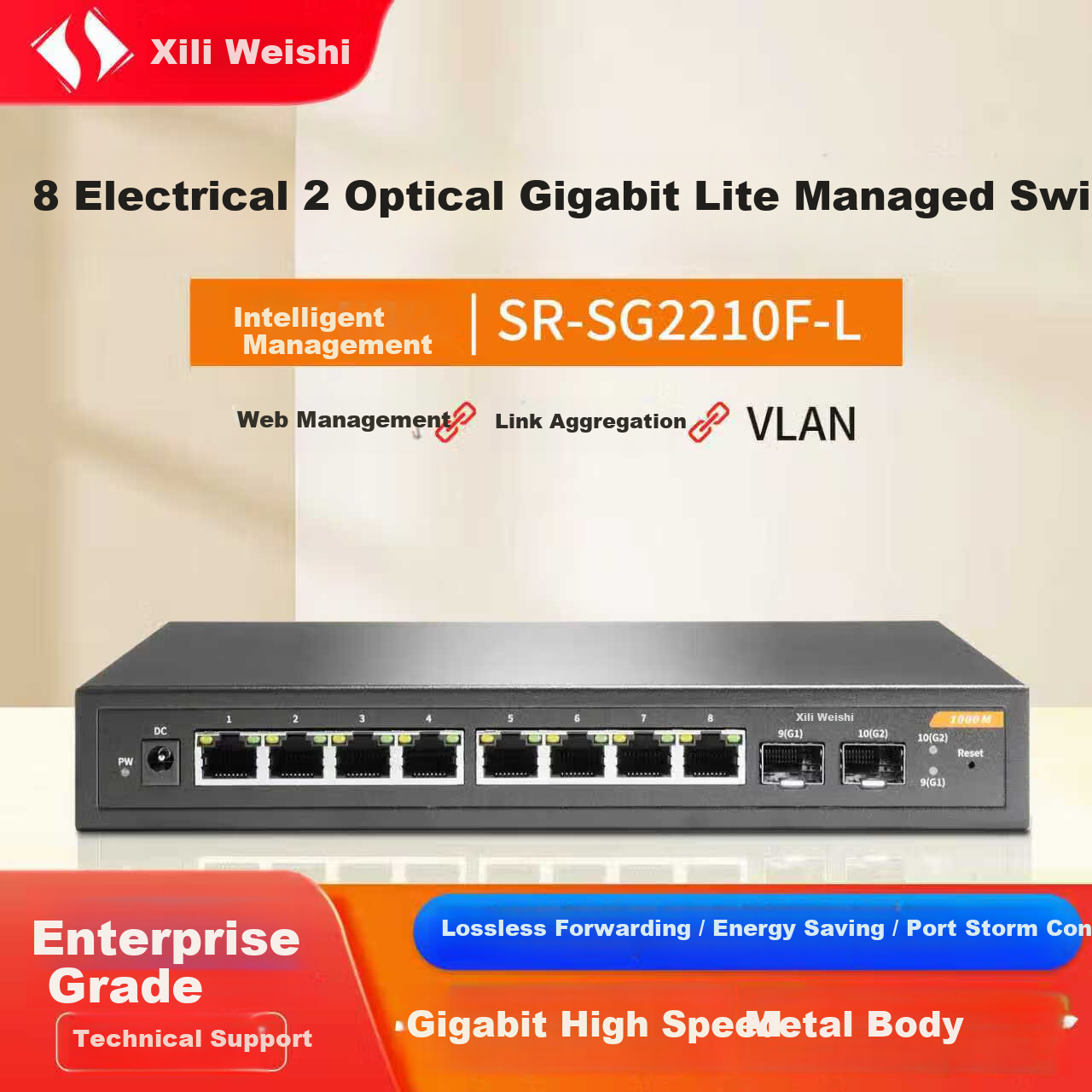Xilivision 8-Port Gigabit Ethernet + 2-Port Gigabit Optical Light Managed Switch VLAN Aggregation Rate Limiting Mirroring Surveillance Networking Splitter SR-SG2210F-L