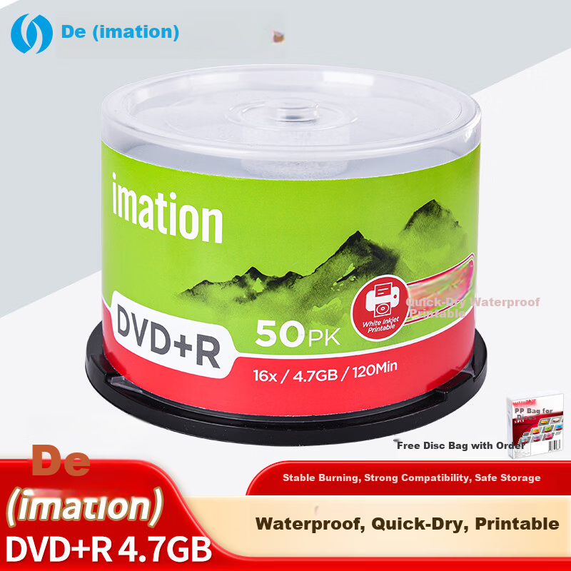 IMATION Laide DVD+R Blank Discs Quick-Dry Waterproof Printable 50-Pack 16x Speed 4.7GB High-Speed Discs for Computer Reading, Burning, Storage, Office Files, Data, Video
