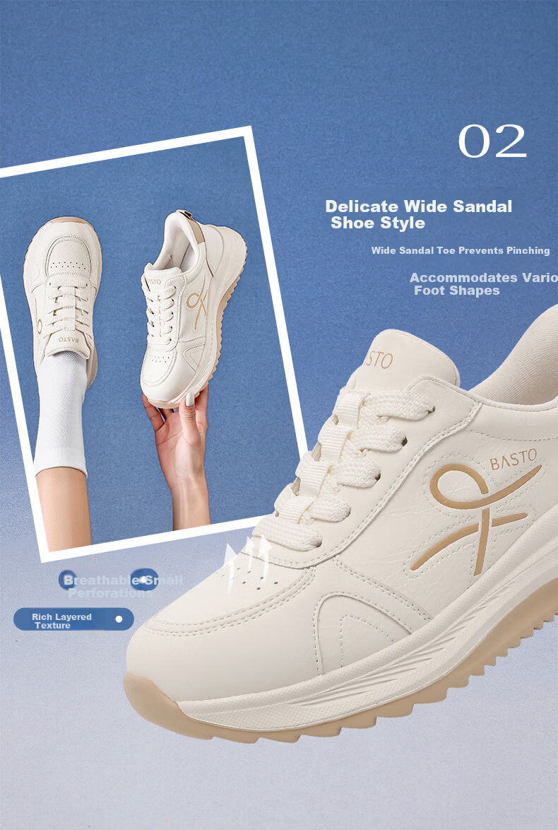 Basto Women's New Flash-On Sports Casual Shoes Wide Width Thick Sole Height Increasing Breathable White Sneakers S1187AM6 Beige Size 35 4
