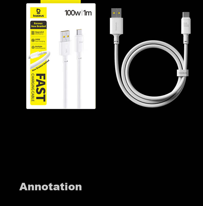 Baseus Type-C Data Cable 6A Super Fast Charging 100W/88W for Huawei Honor Xiaomi Apple 15/16 Pura80/Mate70 Moonlight White 2m 24