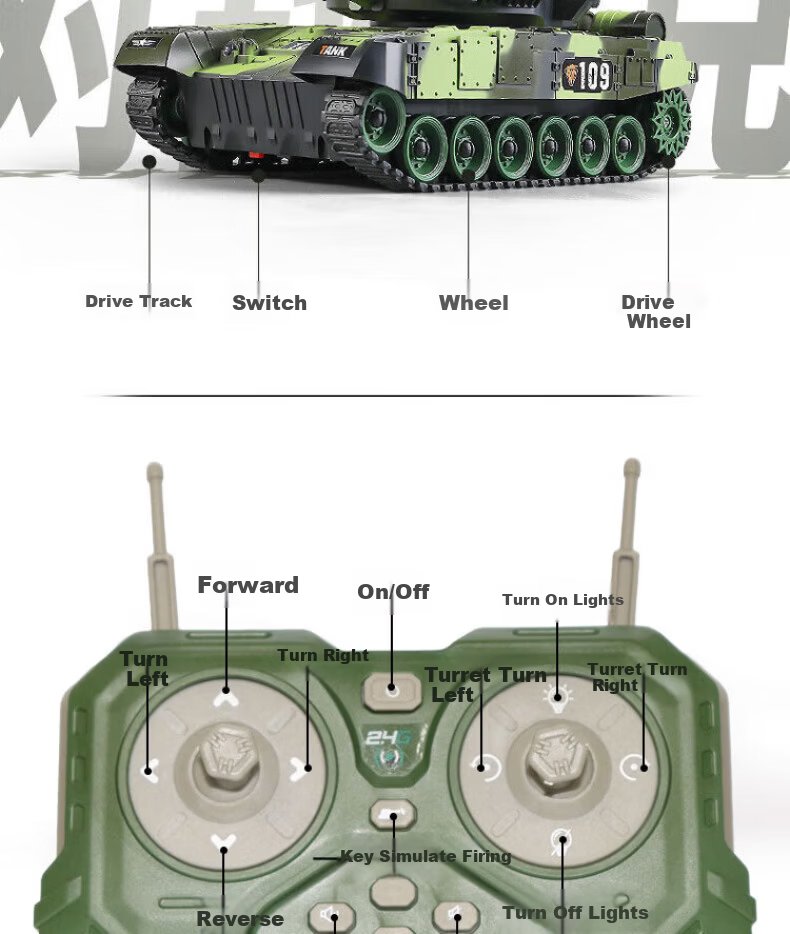 Huashimeng Remote Control Tank Car Track 2.4G Military Off-Road Armored Electric Model Toy Car for Boys 6
