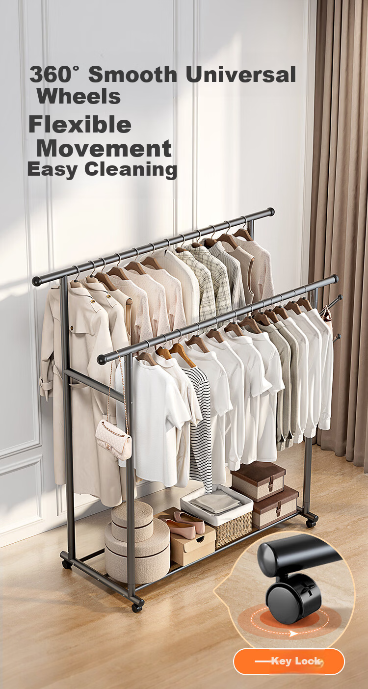 JD Jingzao Double Row Clothes Rack Mobile Floor Standing Clothes Hanger 1.3m Gun Gray for Bedroom and Balcony 13