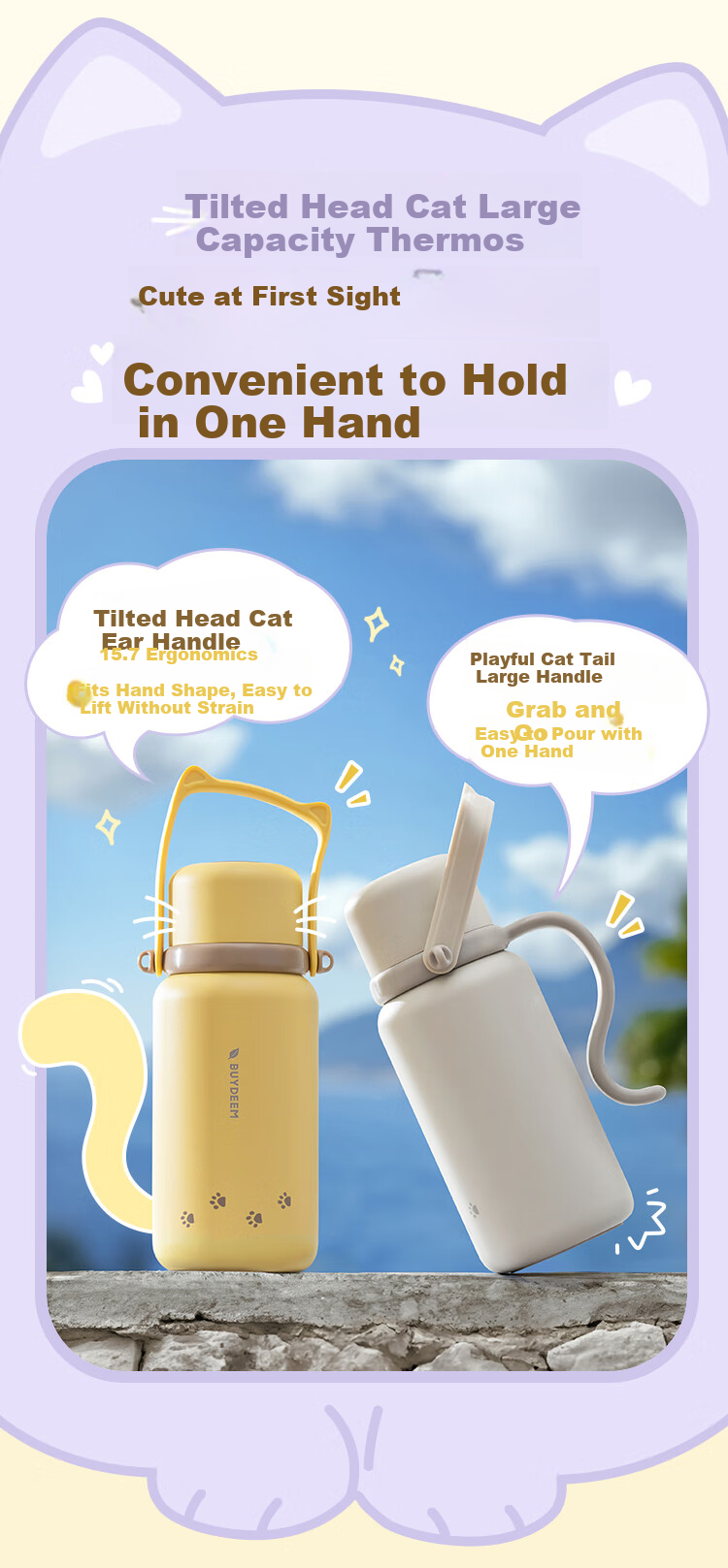 Buydeem Large Capacity Tea Infuser Thermos Bottle Tilted Cat Dual-Use Portable Water Bottle Gift 3