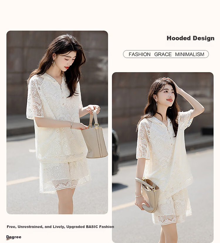Demana Lace No-Fail Summer Hooded Lace Ribbon Top and Hollow Jacquard Pants Women's Two-Piece Set 5