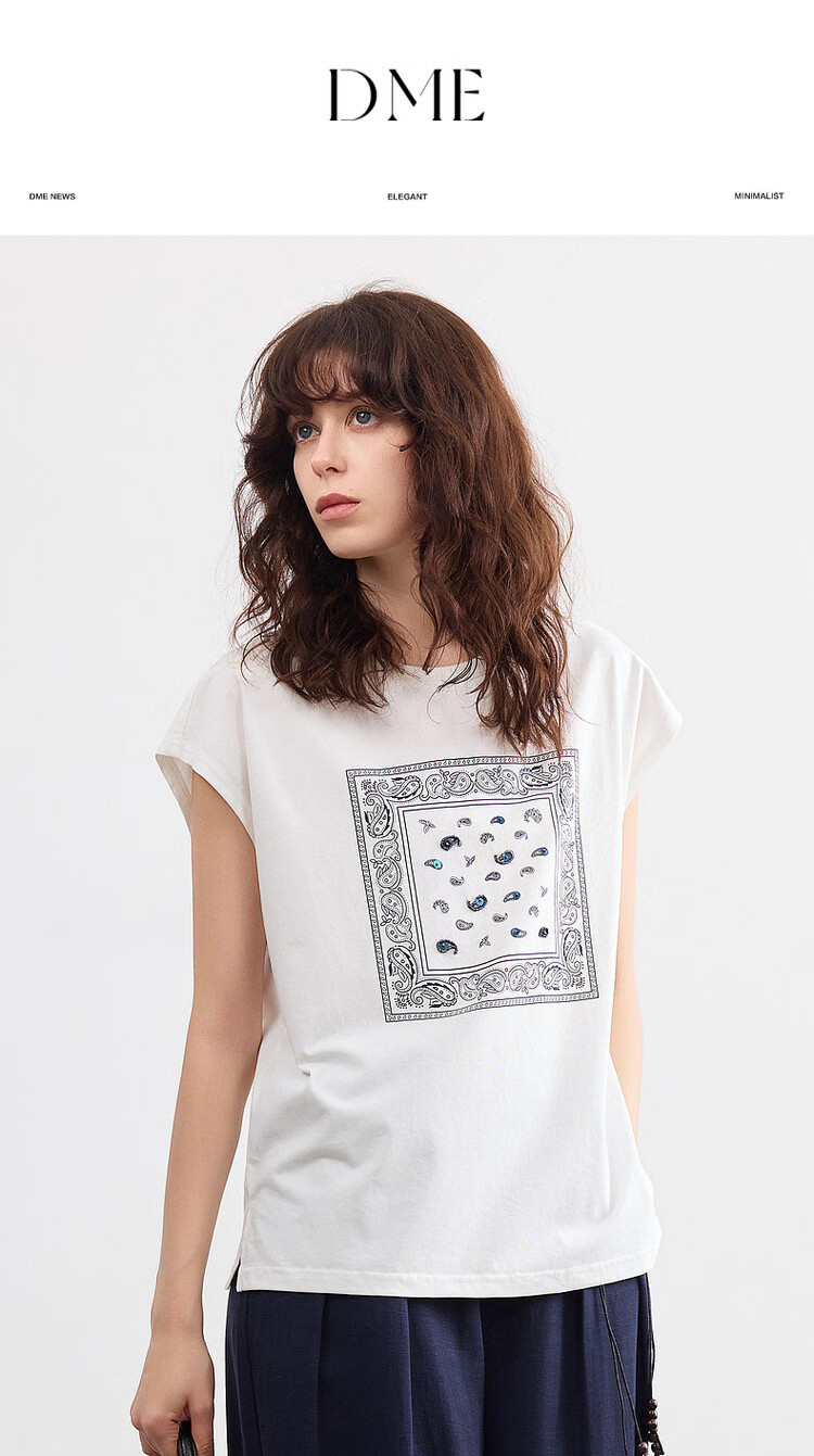 Demana [Cool Sorona] Summer Retro Print Crew Neck Short Sleeve Loose Casual Simple Versatile Women's T-Shirt 1