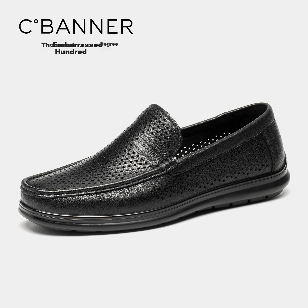 C.BANNER First Layer Cowhide Summer Perforated Breathable Men's Plain Business Casual Loafers Black Size 43