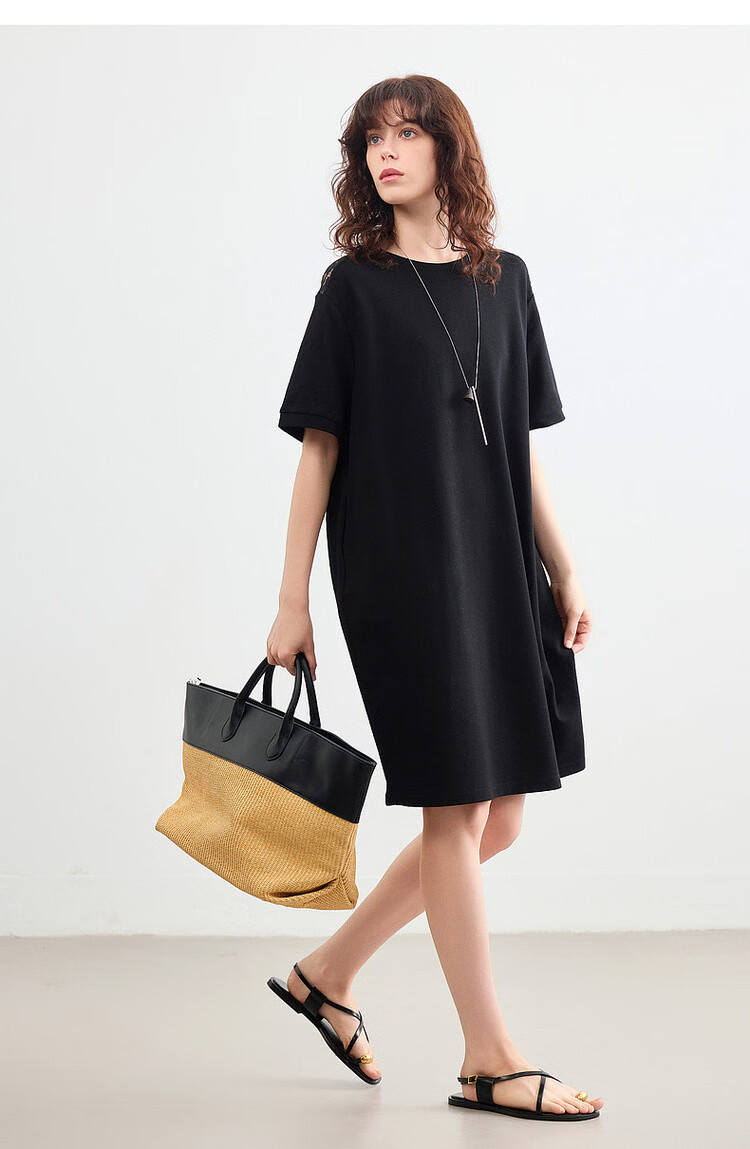 Demana Cloud Soft Cotton Series Summer Lazy Casual Round Neck Lace Splice Loose Slim Petite Women's Dress 16