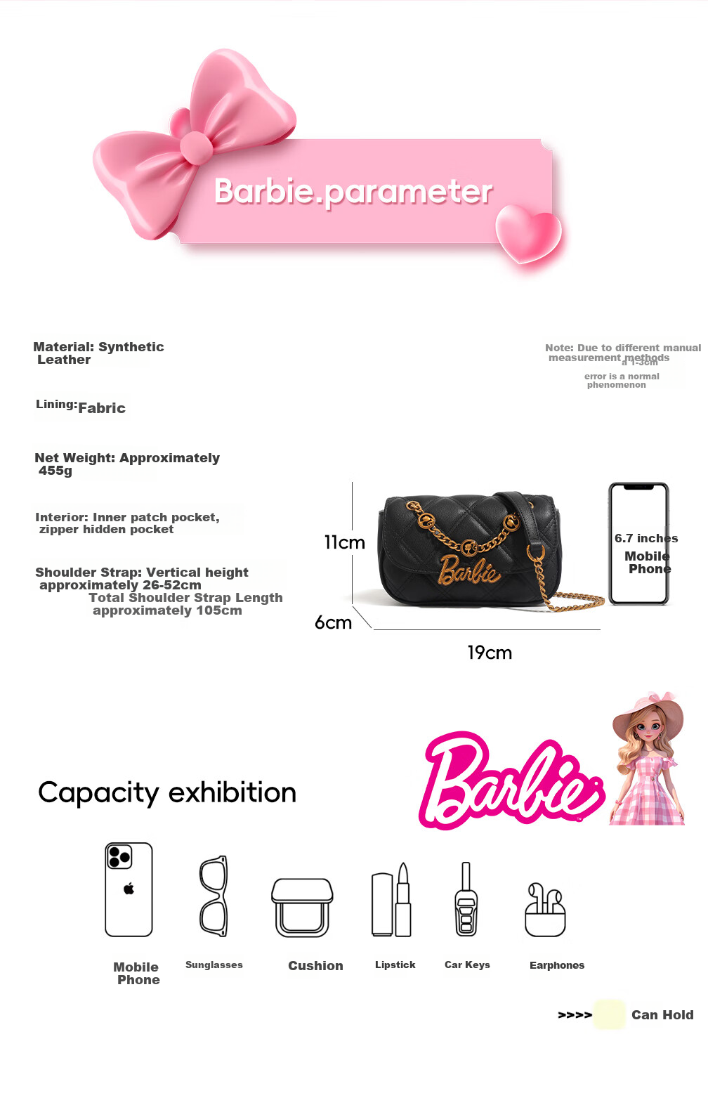 Barbie Ladies Handbag, 2026 Luxury Brand Chain Crossbody New Style Diamond-Quilted Shoulder Bag, Valentine's Day Gift, Birthday Present for Best Friends 4