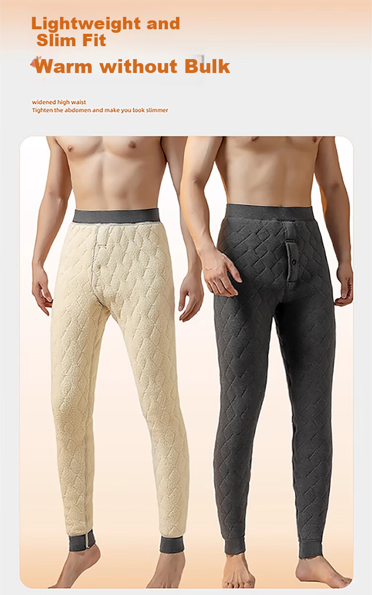 Langsha 100% Wool Men's Autumn Winter Fleece Lined Thickened Lamb Wool Thermal Pants High Waist Knee Protection Extra Thick Base Layer Pants Northeast Style 10