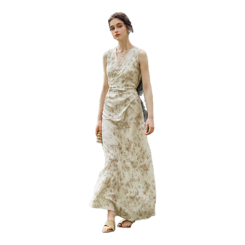 Olrain French Style Apricot Dress Women Summer Waist Slim Floral Mid-Length Dress Apricot L