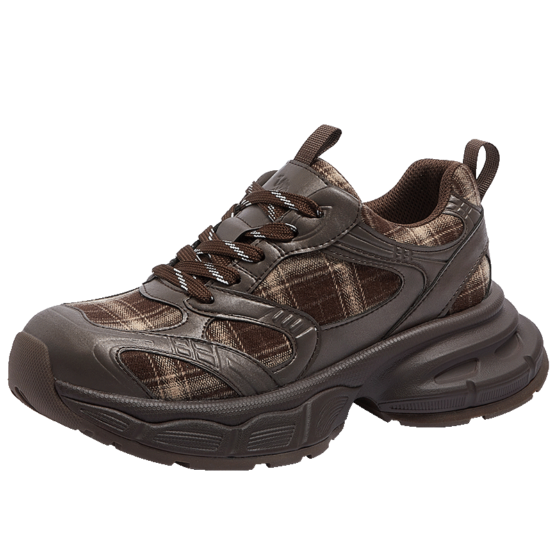 CAMEL Women's Dad Sneakers Modern Plaid Breathable Thick Sole Height Increasing Casual Sports Shoes L26S283201 Brown Size 36