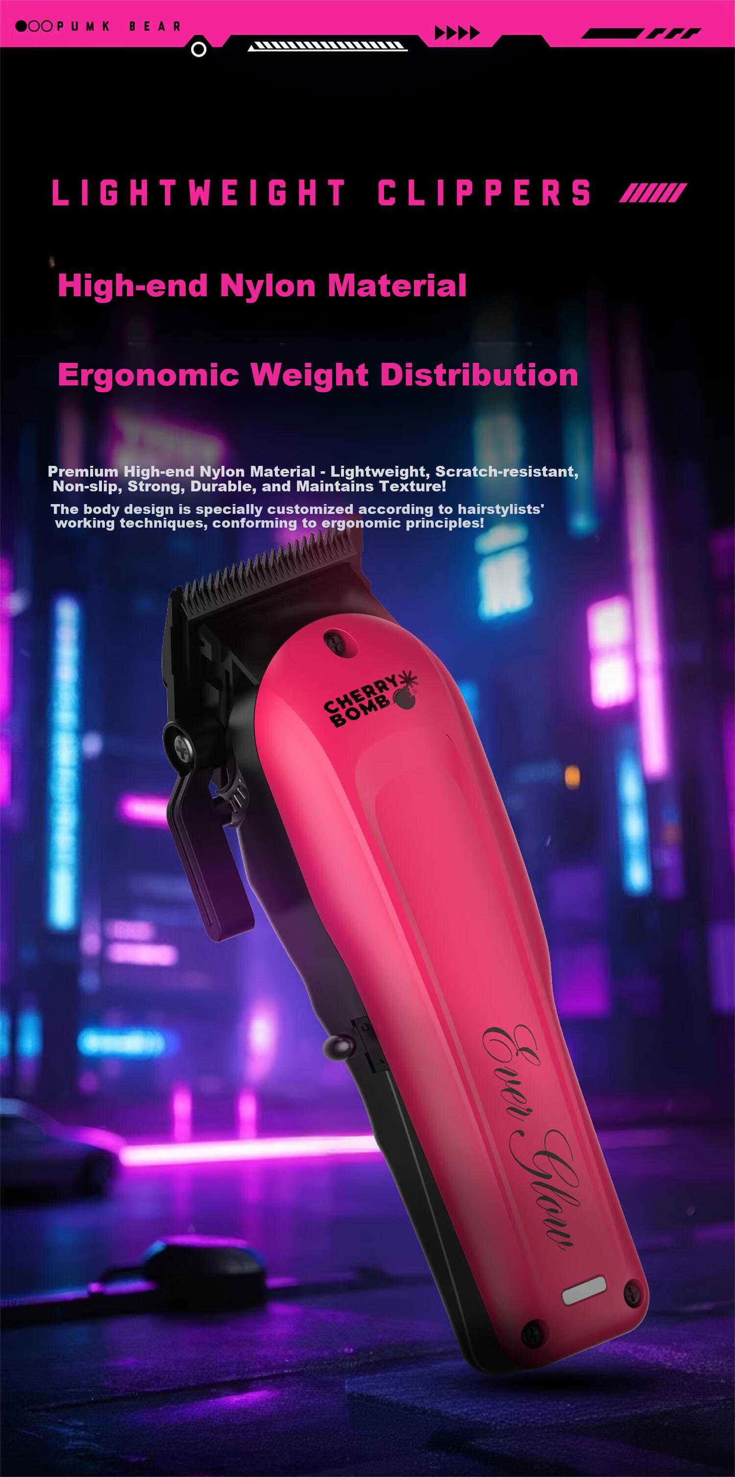 CHERRY BOMB Cherry Punk Bear Pomade Electric Hair Clipper Salon Professional Vintage Gradient Hair Trimmer Barber Haircut Shaver JD Self-operated Engraved Main Pink 6
