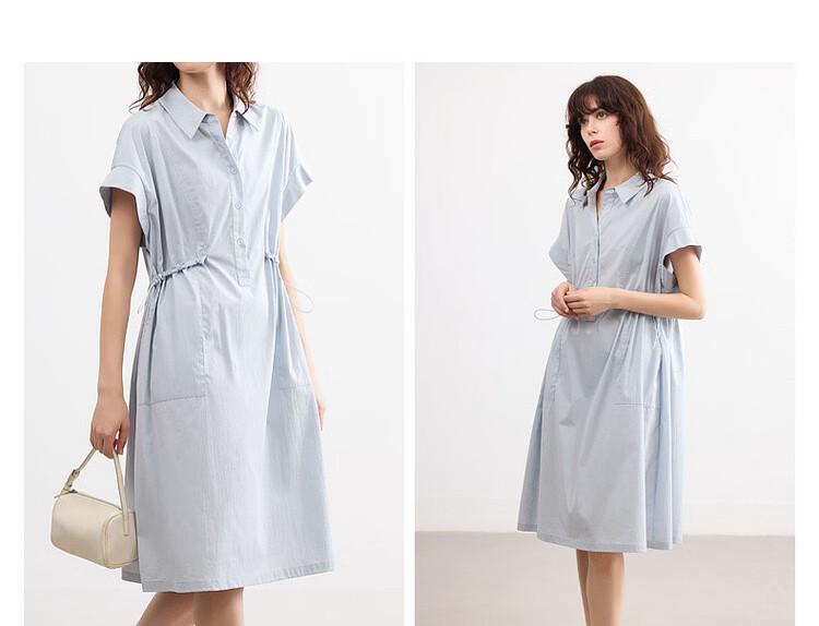 Demana [Cloud Cotton Whisper] Summer Simple Style Lapel Half-Placket Drawstring Waist Loose Casual Mid-Length Dress for Women 9