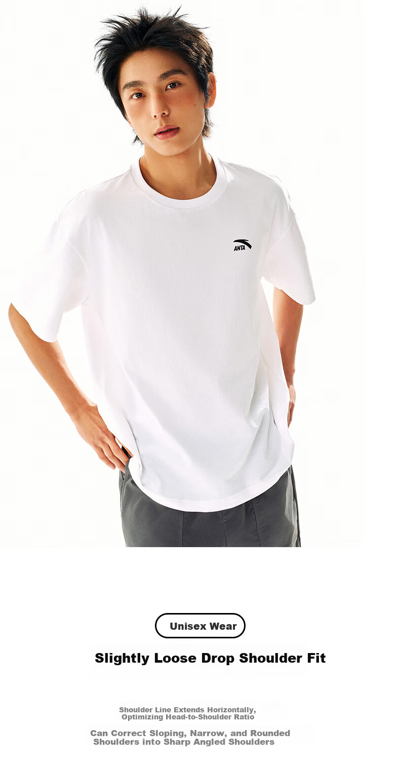 Anta Casual Short Sleeve T-Shirt Unisex Summer Simple Solid Color Crew Neck Sports Base Shirt Loose Fit Couple Top 5