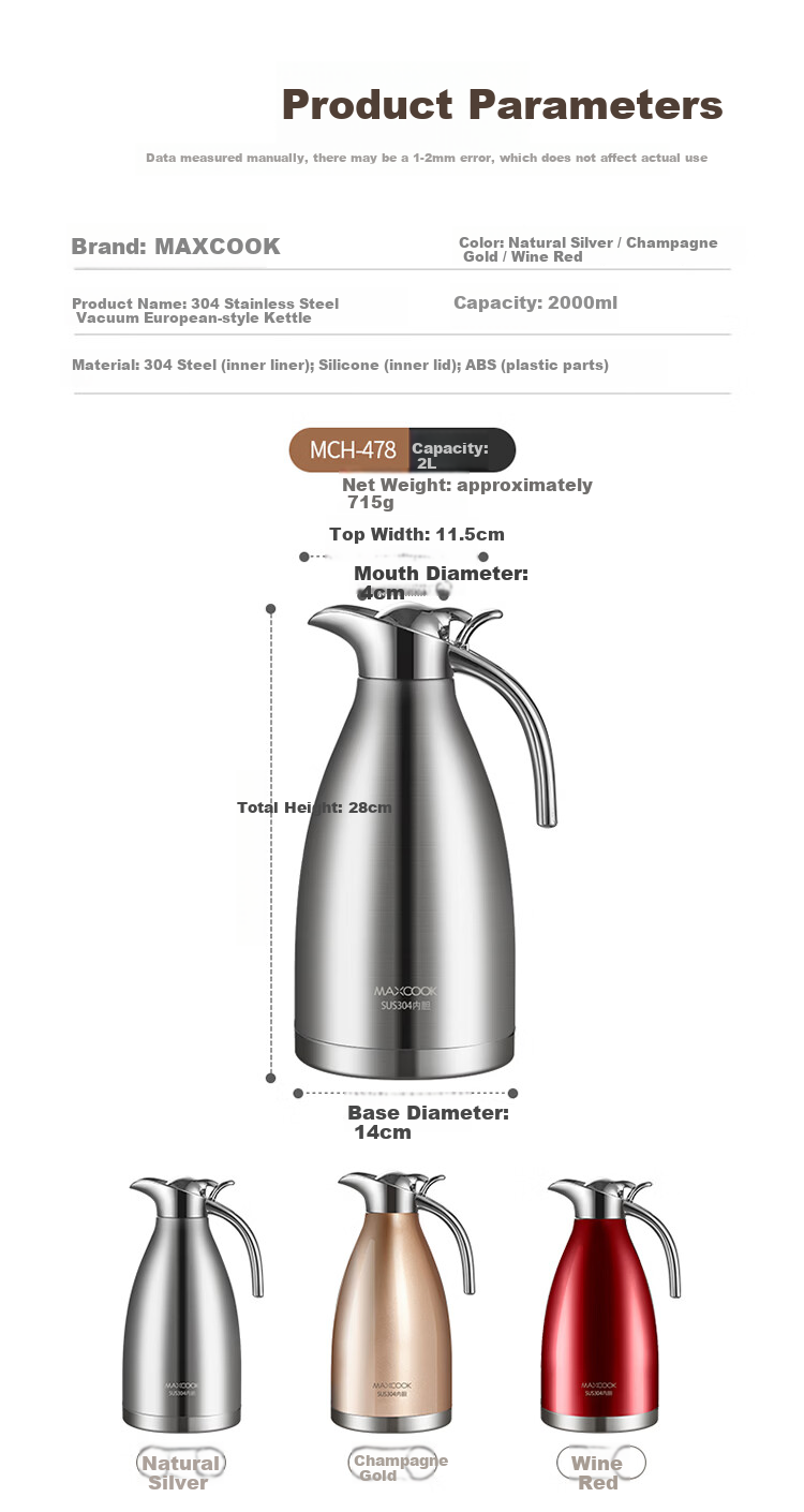 MAXCOOK Insulated Flask 304 Stainless Steel Vacuum Thermos Home Dormitory Hot Water Bottle 2L Natural Silver MCH-478 12