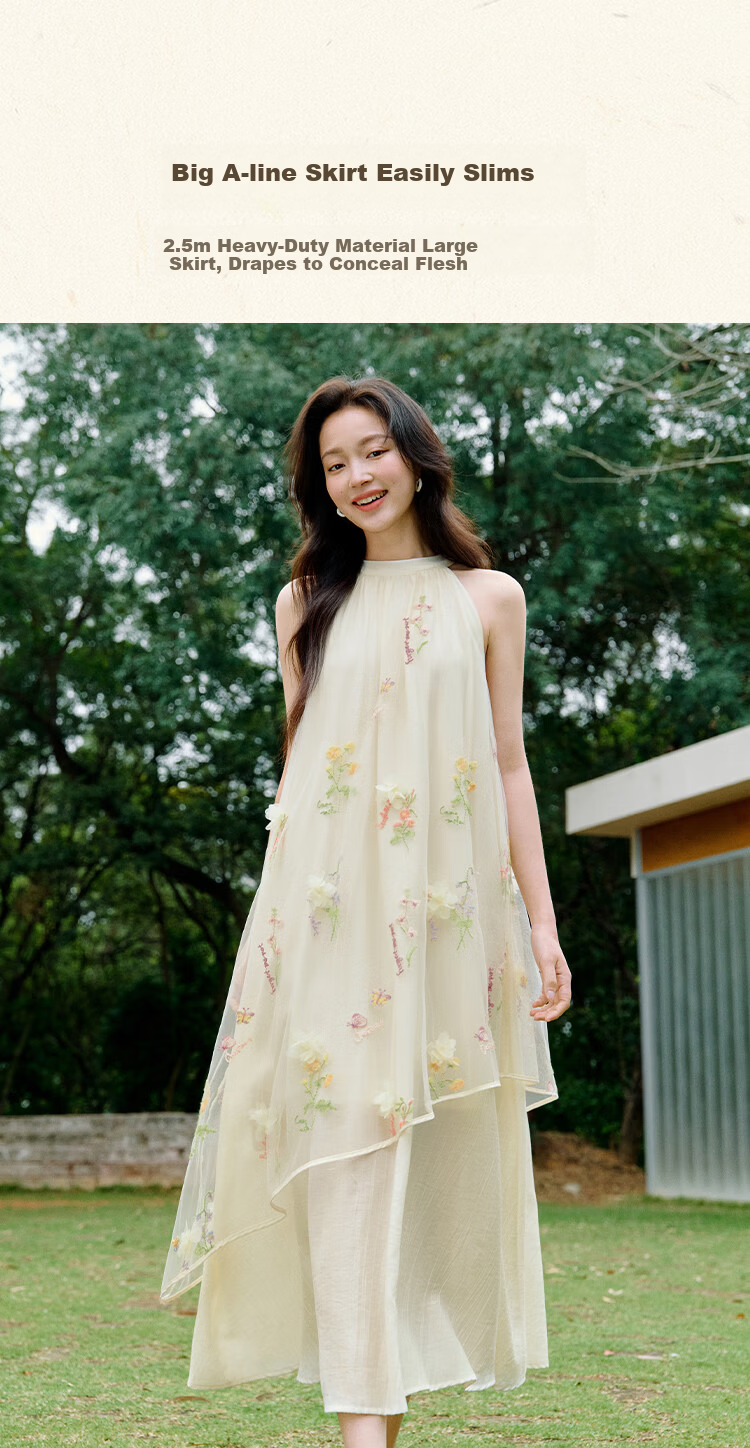 Inman [Runway Same Style] Embroidered Sleeveless Halter Neck Dress 2026 Summer New Women's Long Dress Apricot S 8