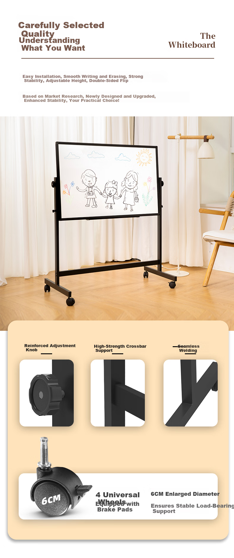 BBNEW 100*150cm Double-Sided Whiteboard Writing Board with Stand, Mobile Height Adjustable Flip Conference Office Home Teaching Magnetic Children's Blackboard White Model NEWV100150-W 4