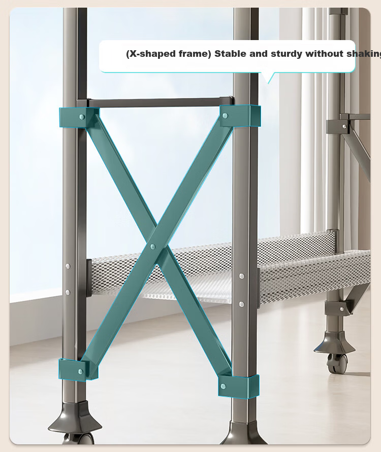 Hotata Floor-Standing Clothes Drying Rack Home Adjustable Double Rod with Drying Net Universal Wheels Mobile Outdoor H-Frame Drying Rack 7