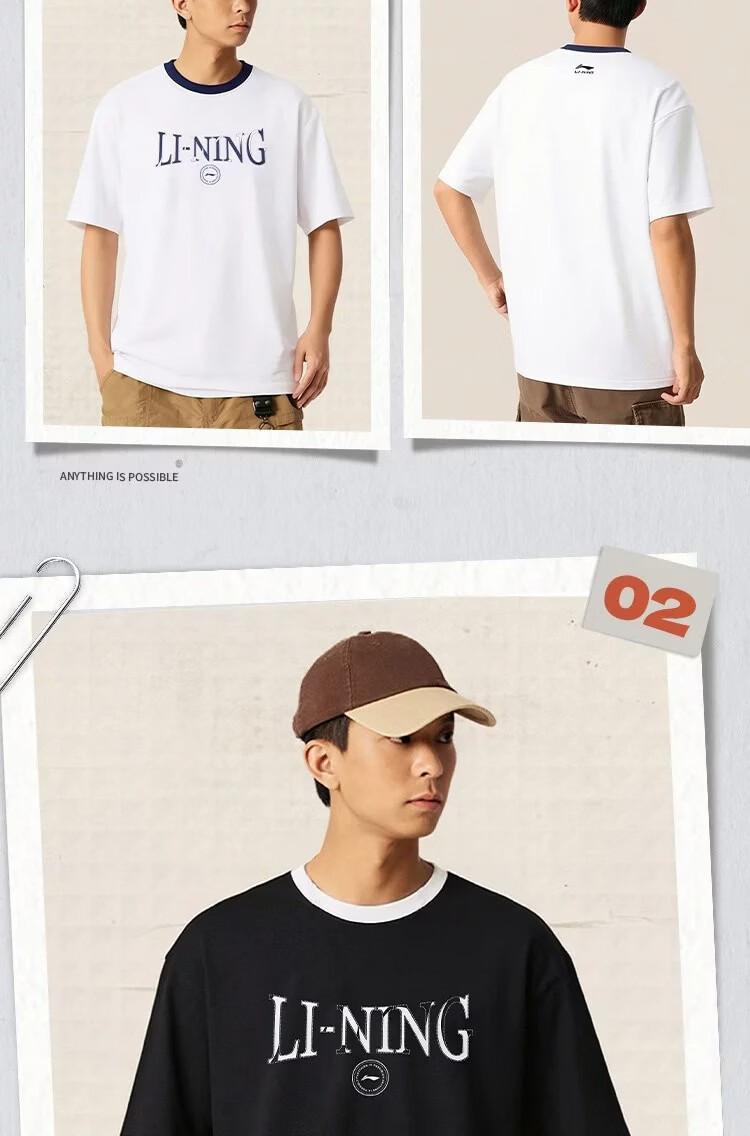 LI-NING Men's Summer Breathable Comfortable Fitness Sports T-Shirt Pure Cotton Fashion Classic Casual Short Sleeve Top 8