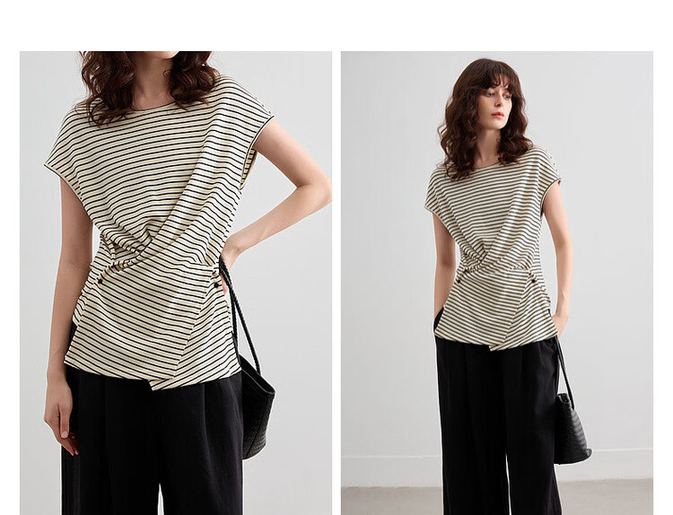 Demana [Mianyun Xiaoqi] Summer Simple Style Colorblock Striped Twist Round Neck Slim Fit Women's T-Shirt 5