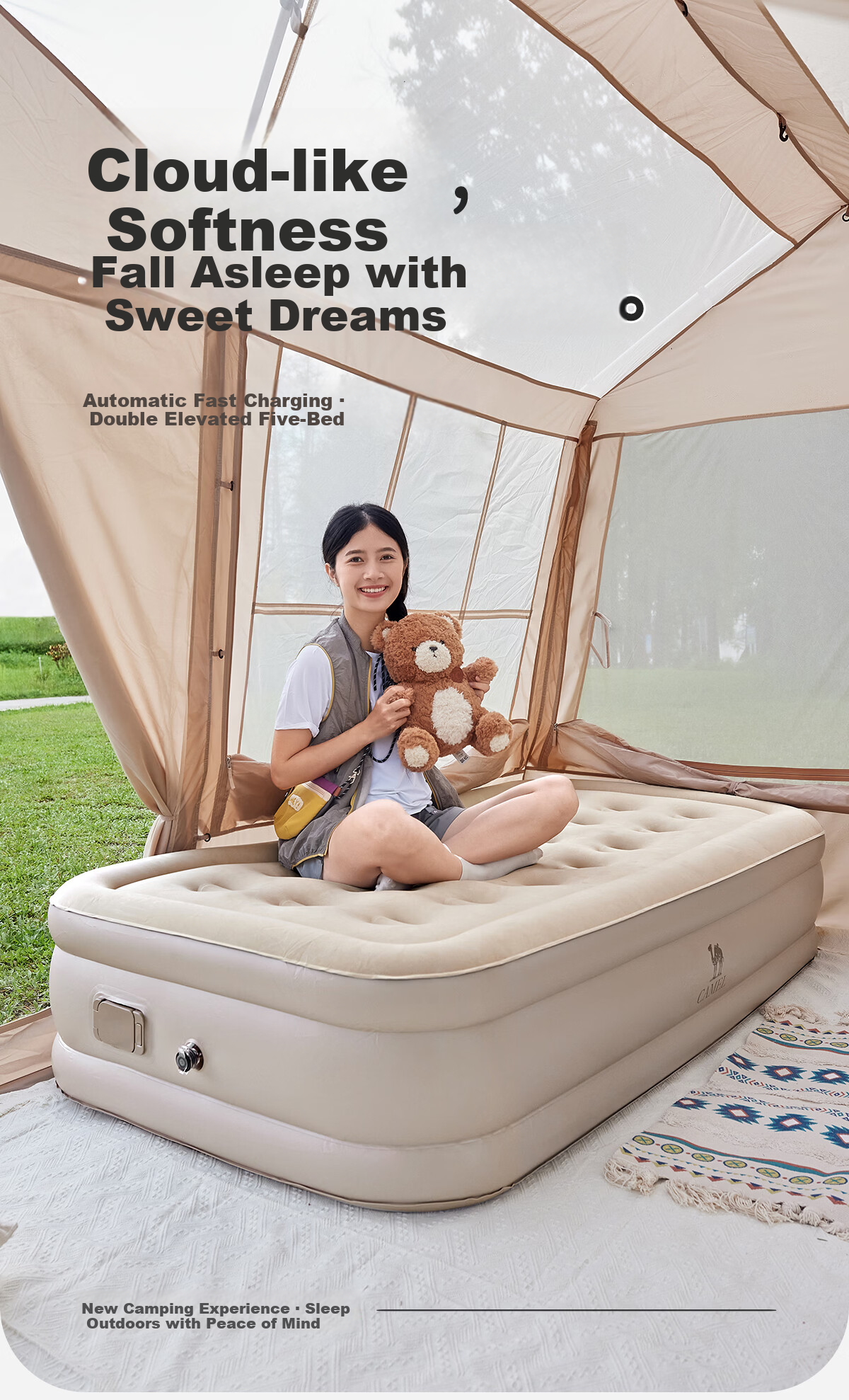 CAMEL Automatic Inflatable Mattress with Built-In Pump, Heightened Inflatable Bed, Outdoor Camping Sleeping Pad 174BJ37703 Sand Color 3