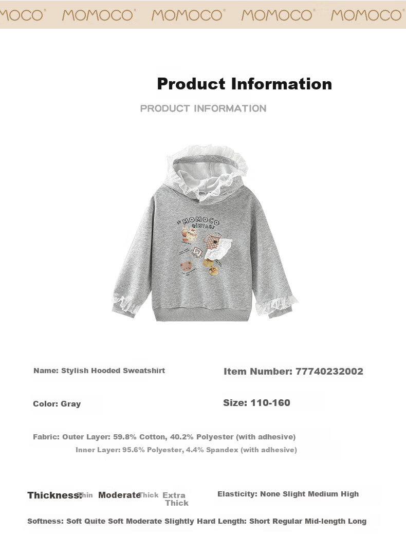 MOMOCO Girls' Sweatshirt Autumn Winter Kids Long Sleeve Stylish Sweet Ruffled Sweatshirt 02 Floral Gray Size 150 6