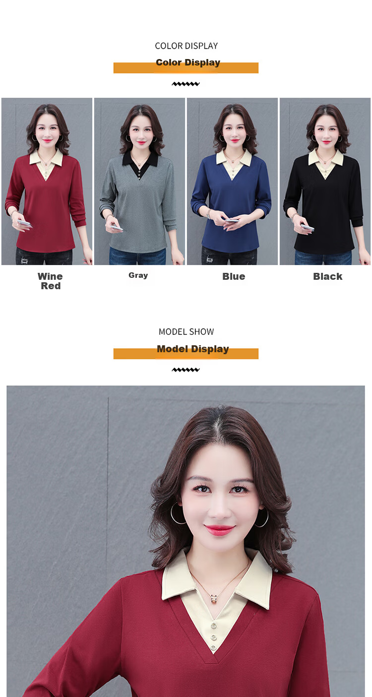 Woodpecker Women's Long Sleeve Polo Shirt Fake Two-Piece Autumn New Large Size Base Shirt Blue 3XL 6